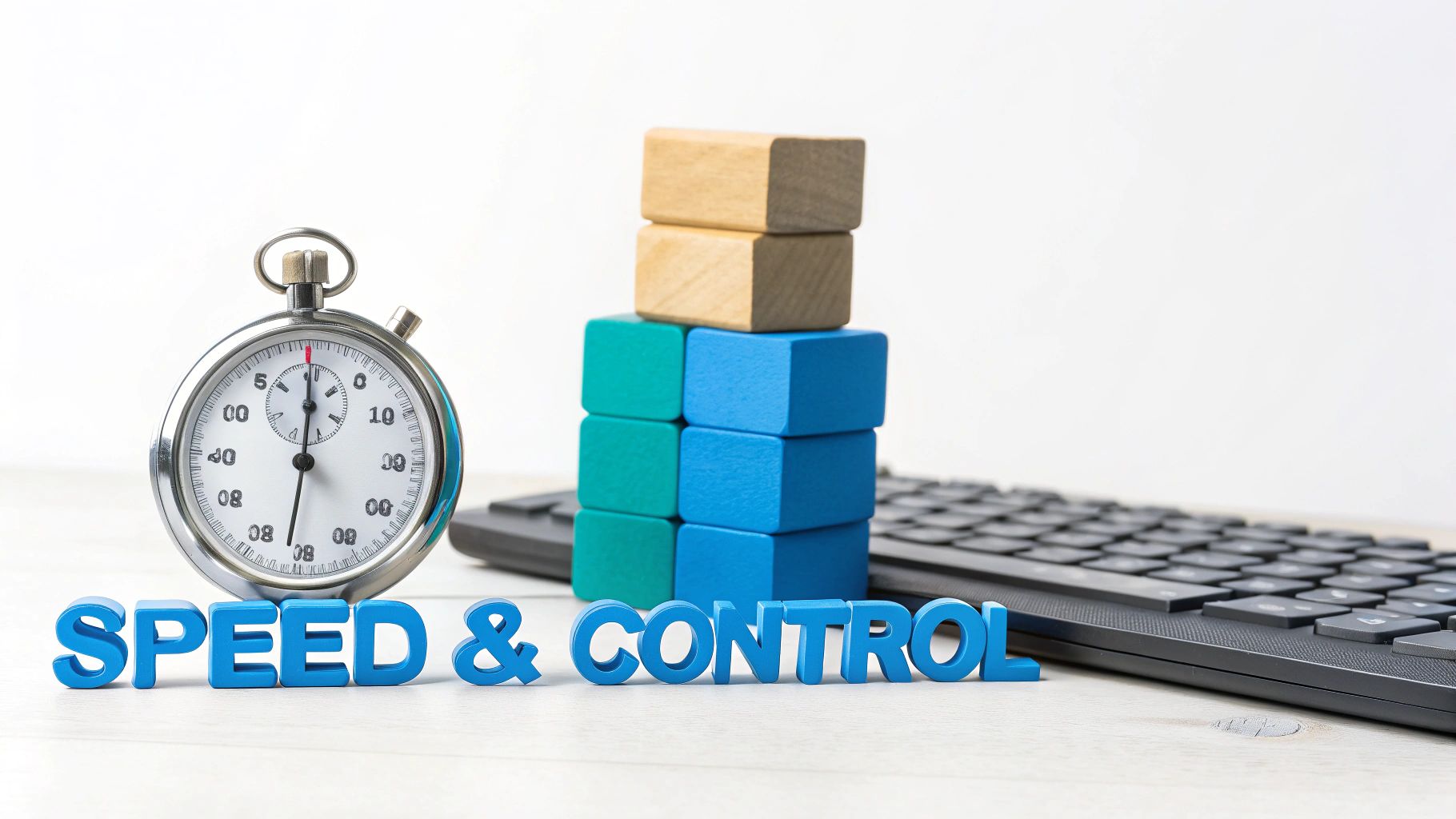 A stopwatch, colorful building blocks, and 'SPEED & CONTROL' text, symbolizing efficiency and management.