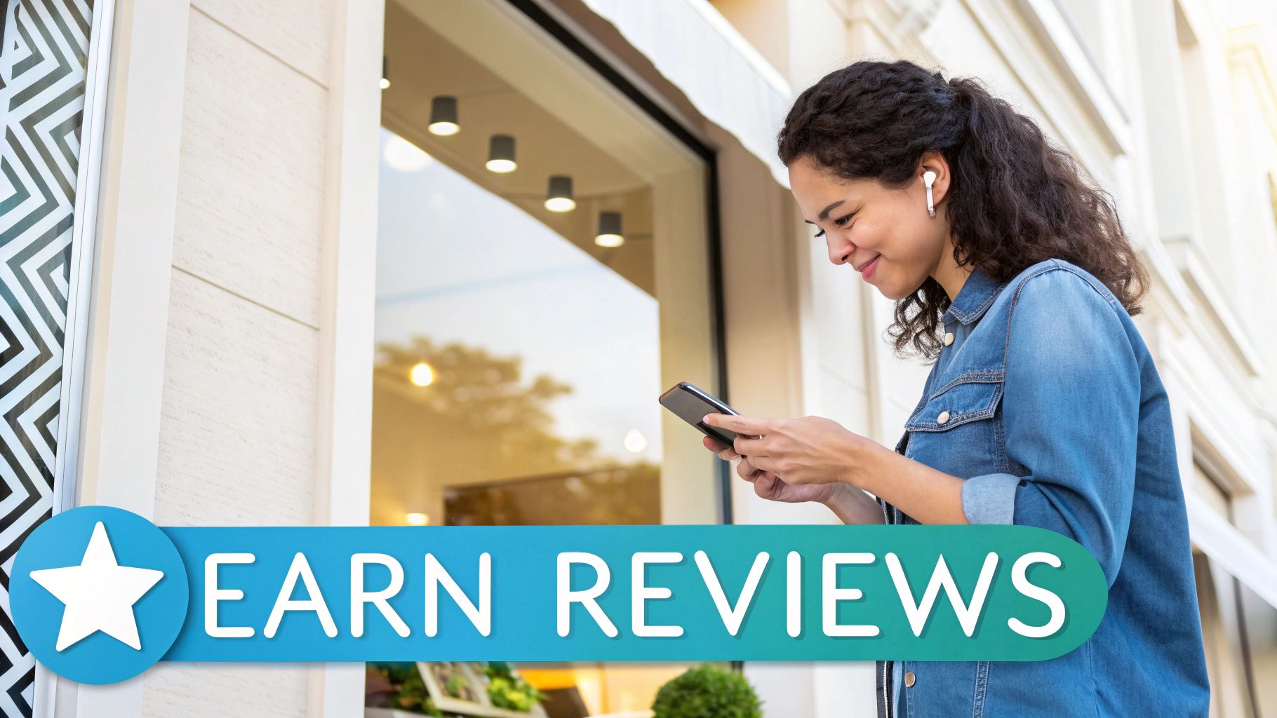 Smiling woman with earbuds uses phone outdoors, next to a blue and green 'EARN REVIEWS' banner.
