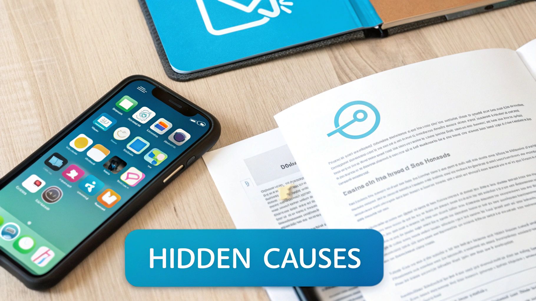 A smartphone, open book, and papers on a wooden desk, with a 'HIDDEN CAUSES' text overlay.