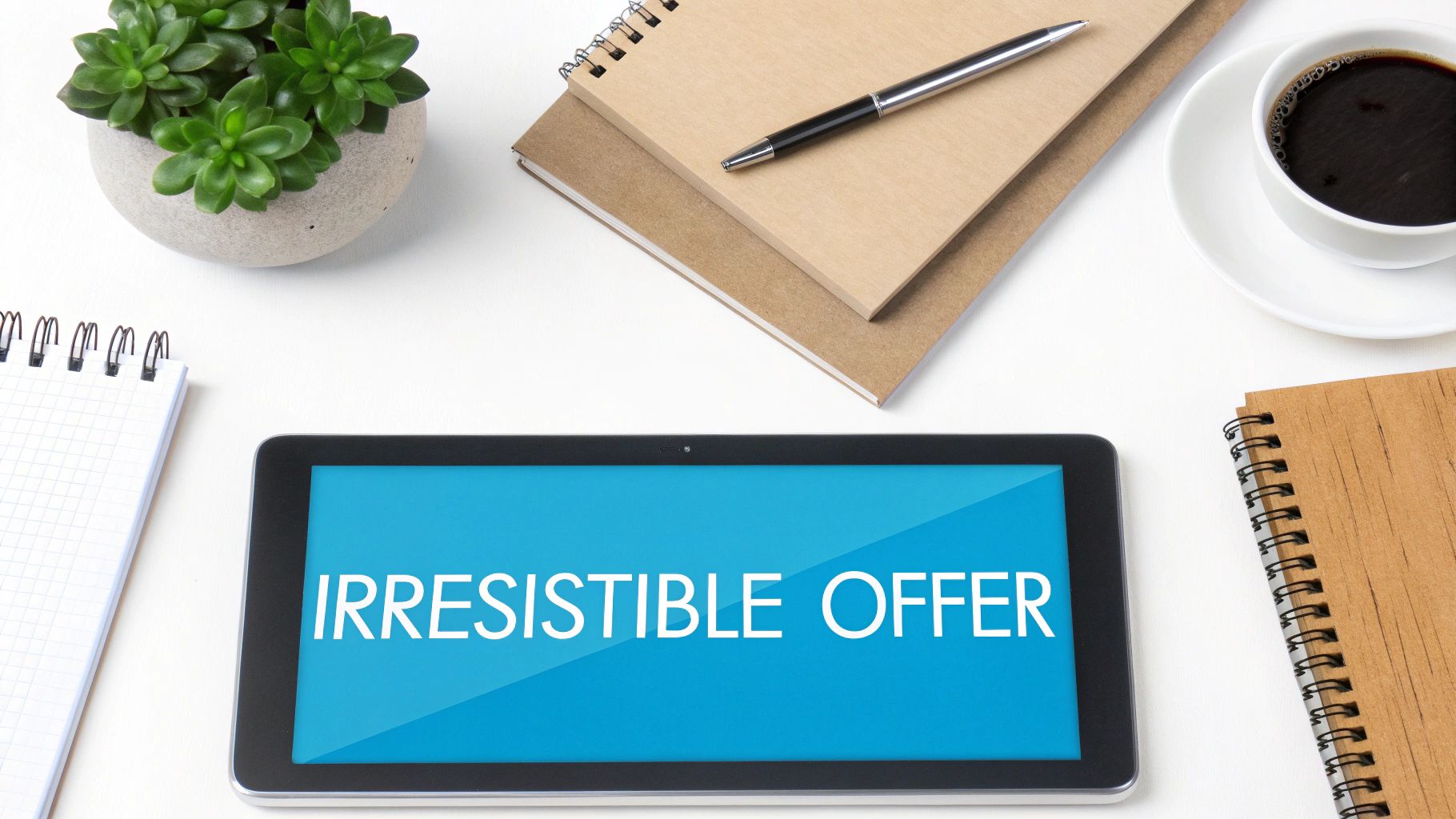 A desk flat lay with a tablet showing an 'IRRESISTIBLE OFFER', plant, notebooks, pen, and coffee.