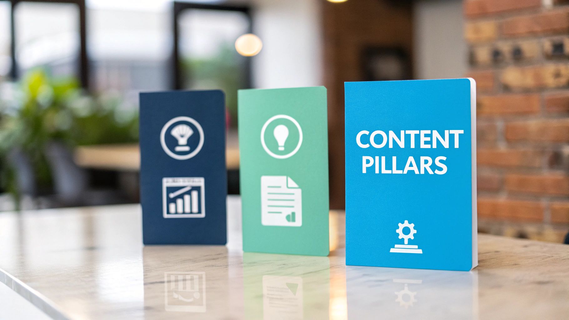 Three colored cards with icons and "CONTENT PILLARS" text on a light wooden surface.