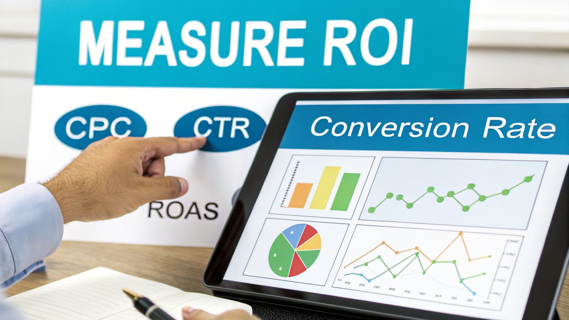 A hand points to 'CTR' on a marketing sign, with a tablet displaying conversion rate analytics.