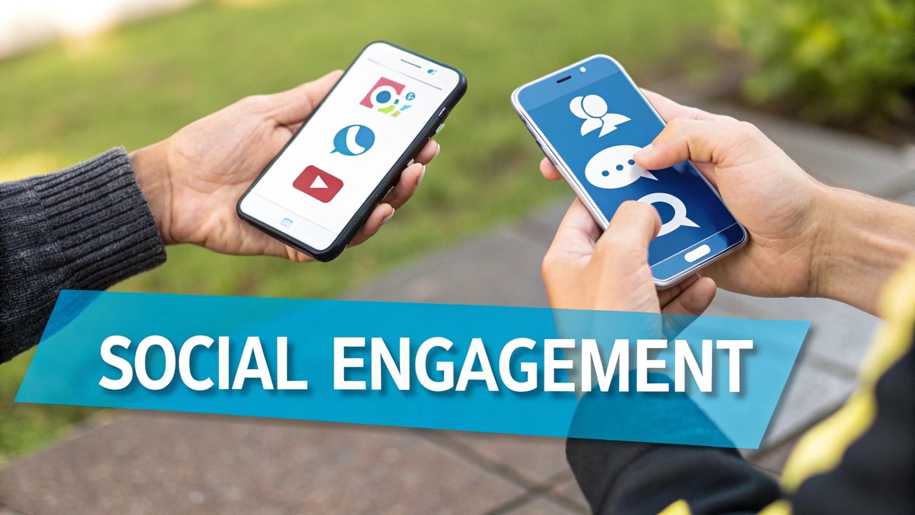 Two people holding smartphones displaying social media app icons and communication symbols.
