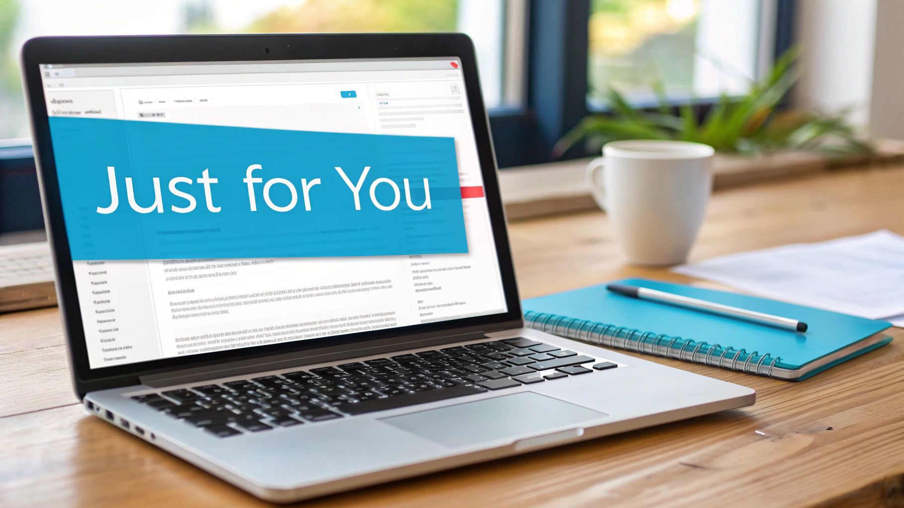 A laptop displaying an email with a 'Just for You' banner, next to a coffee cup and notebook on a wooden desk.