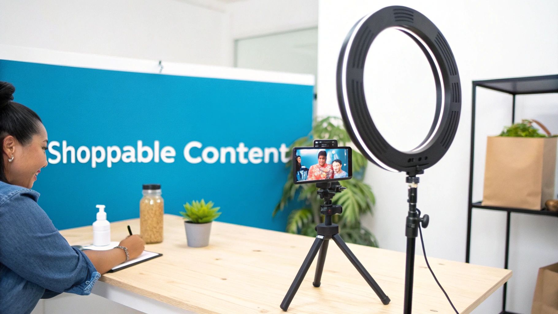 A woman writing at a desk while a smartphone on a tripod records a live stream with a ring light.