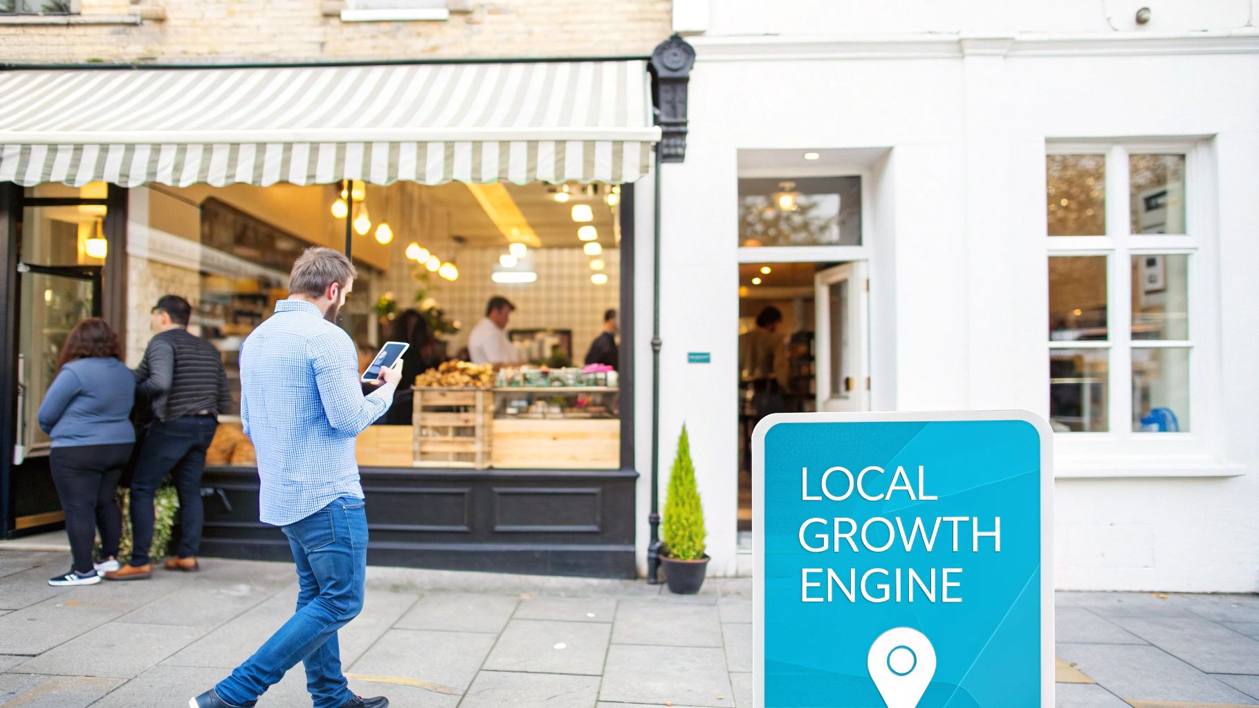 A man walks past a cafe, looking at his phone, with a 'Local Growth Engine' sign nearby.
