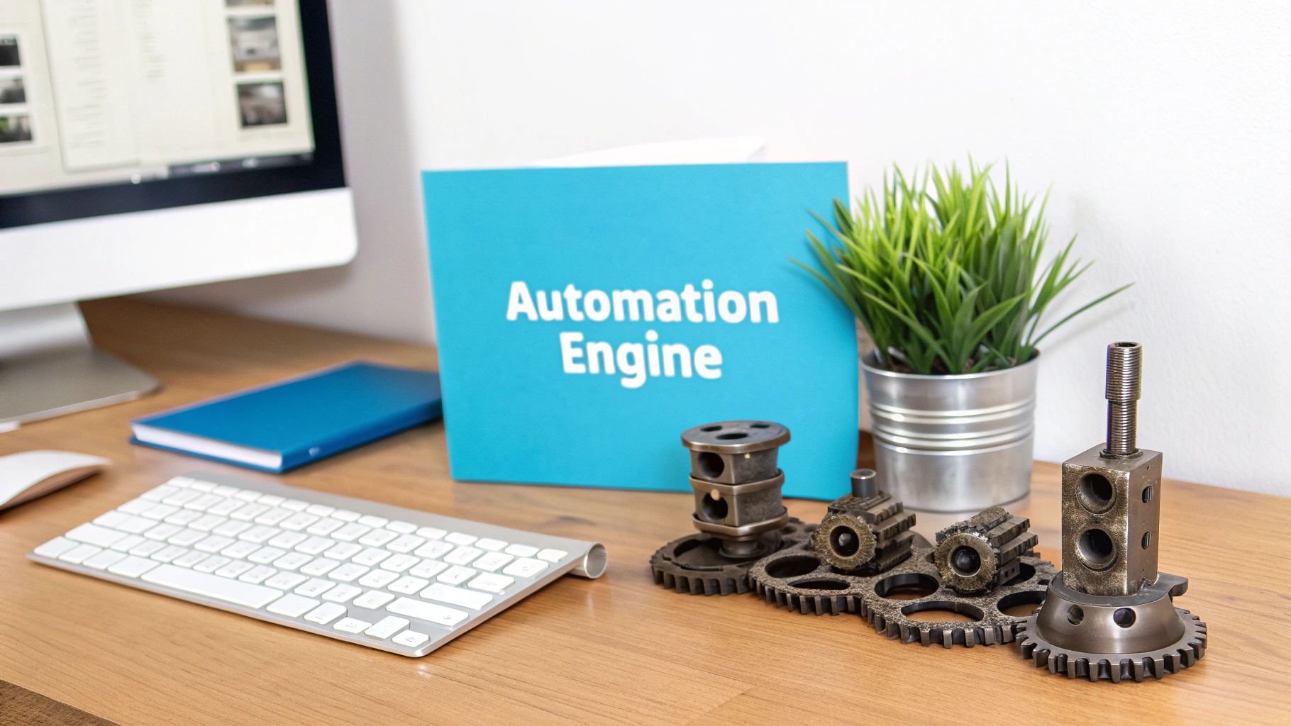 A desk setup with a computer, keyboard, blue 'Automation Engine' folder, gears, and a plant.