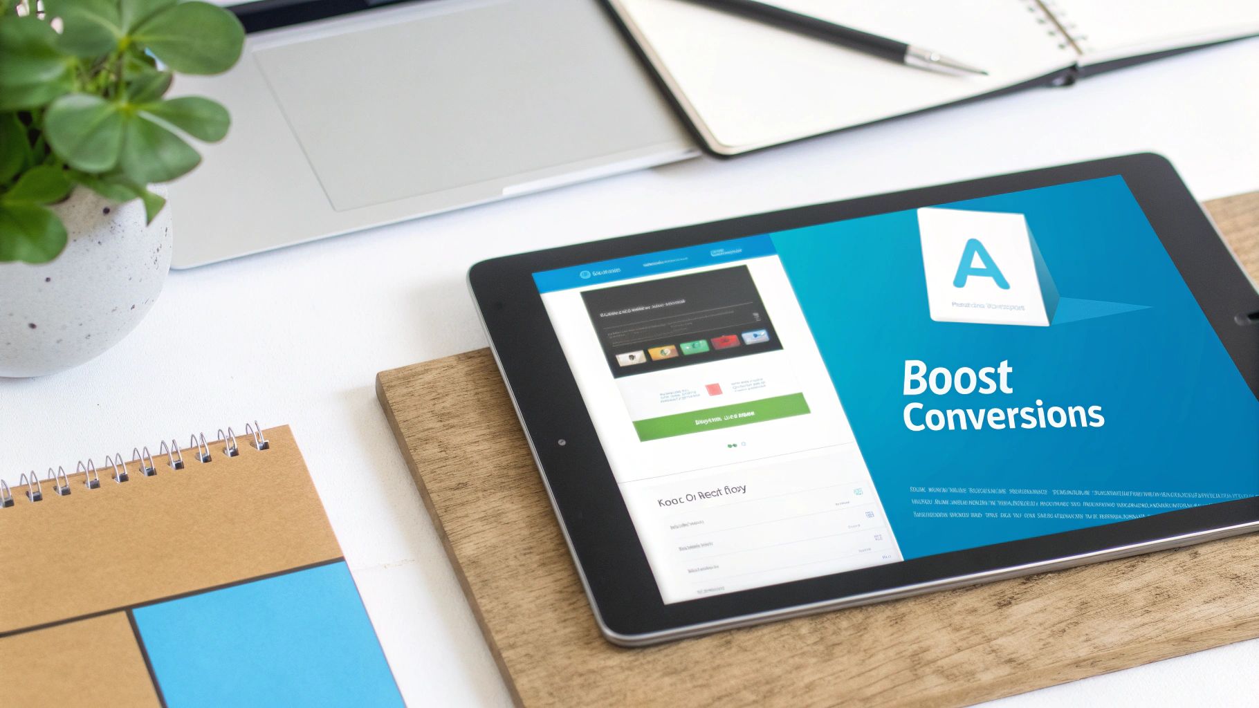 A tablet on a wooden stand displays a 'Boost Conversions' ad and a website interface, with a laptop and plant nearby.