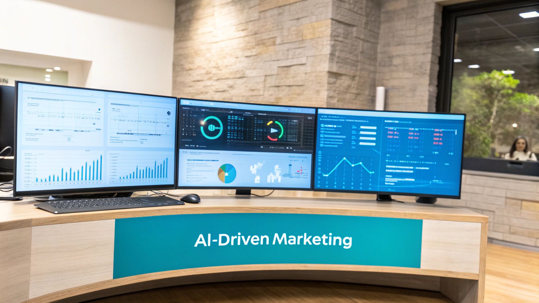 Three monitors on a modern desk displaying AI-driven marketing dashboards with data visualizations and charts.