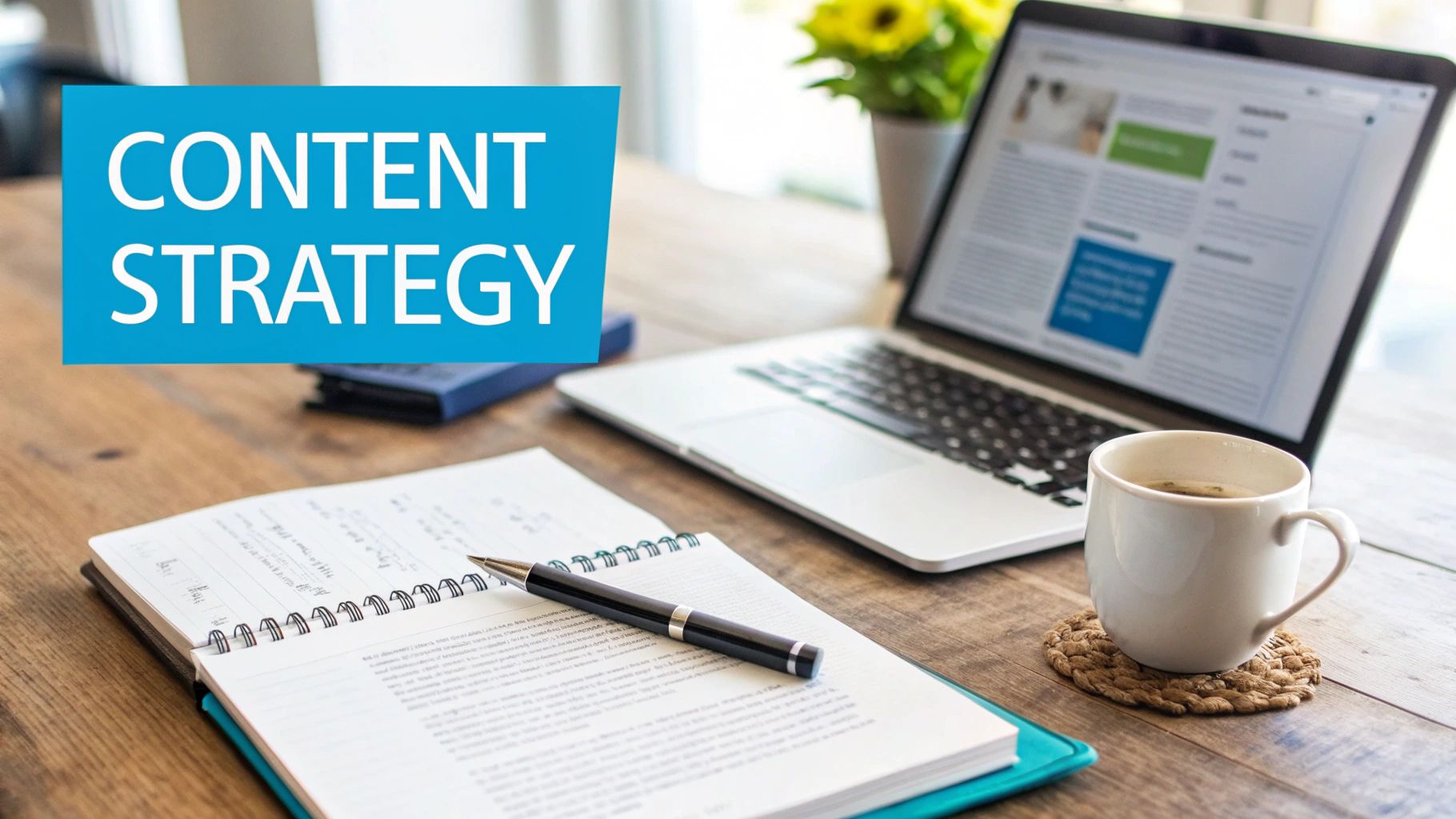 A desk with a laptop, notebook, pen, and coffee, with 'CONTENT STRATEGY' in a blue box.