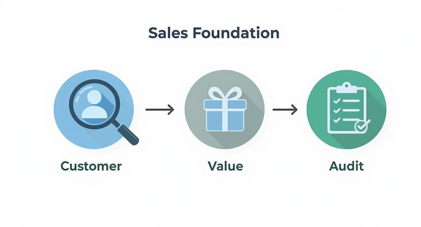 Sales foundation process diagram showing three steps: customer research, value proposition, and audit checklist