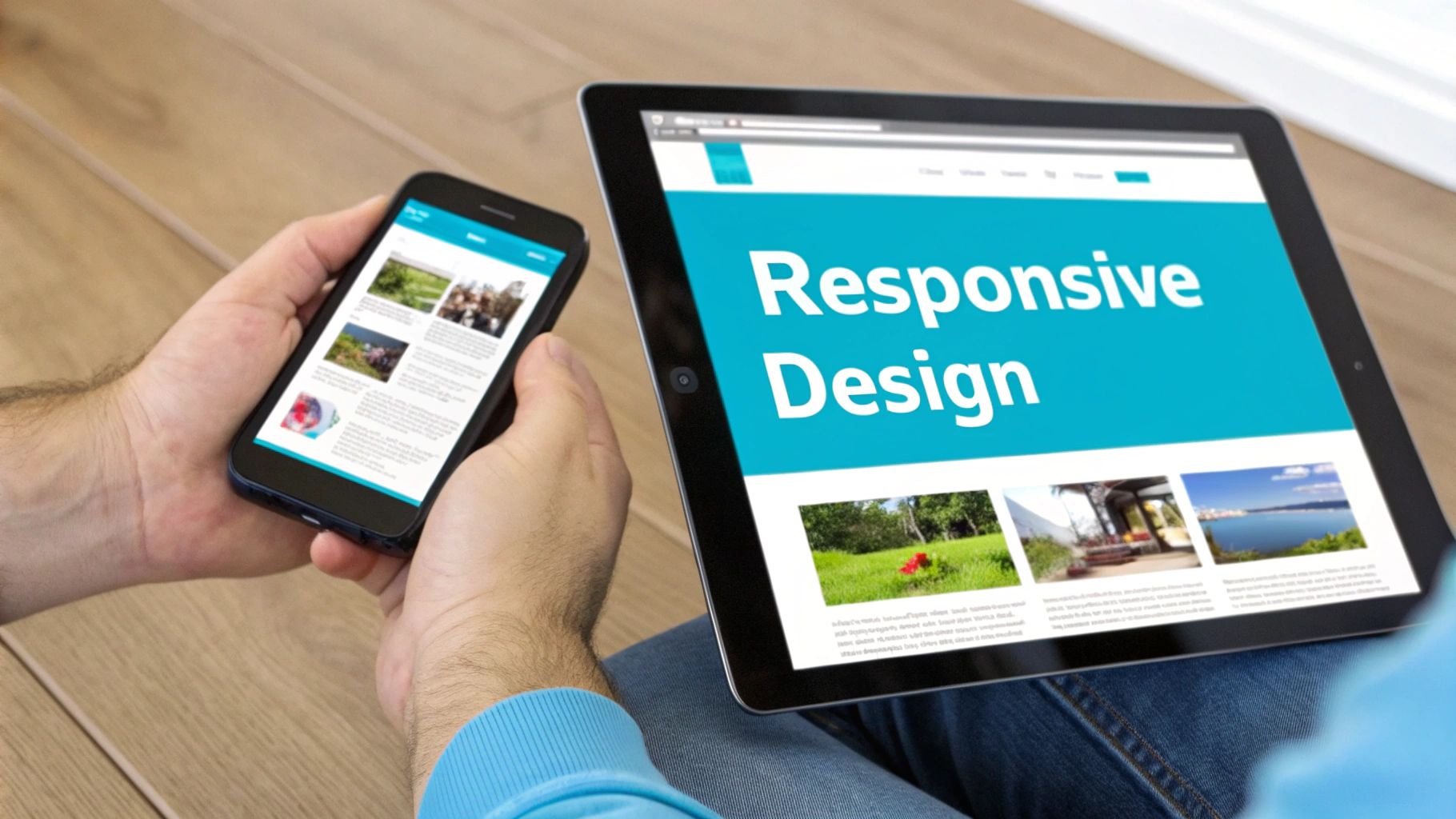 Hands holding a smartphone and tablet showcasing responsive web design on different screens.