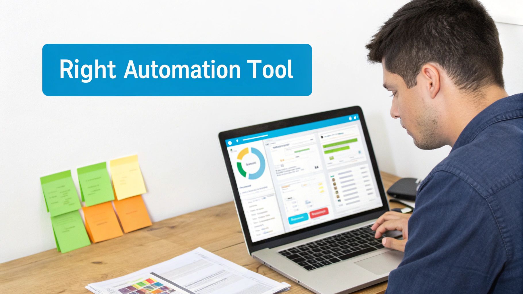 Professional businessman using laptop with automation dashboard displaying analytics and productivity metrics