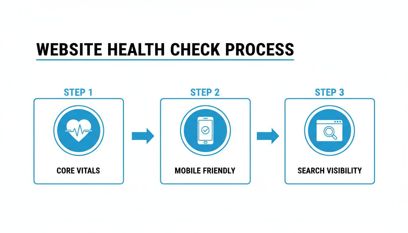 A three-step website health check process outlining core vitals, mobile friendly, and search visibility.