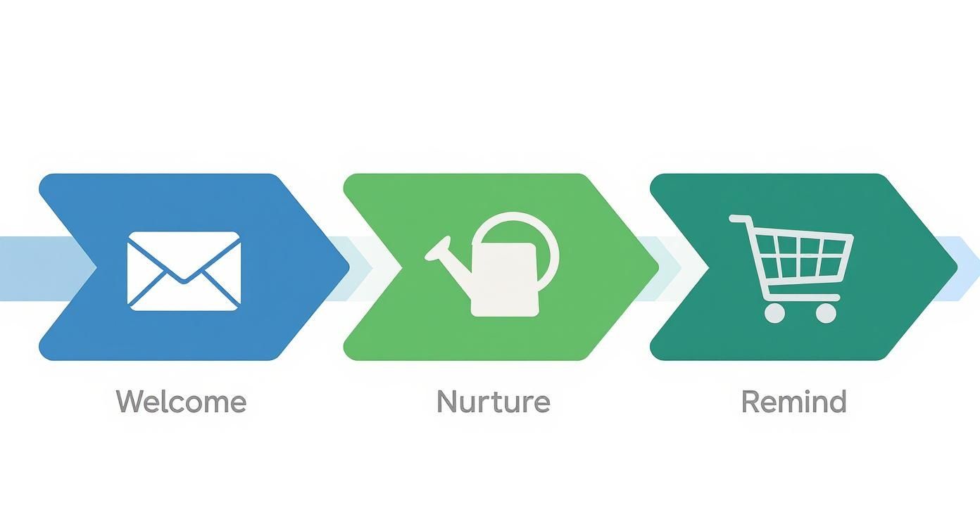 Three arrow stages showing email welcome, watering can nurture, and shopping cart remind icons for marketing automation