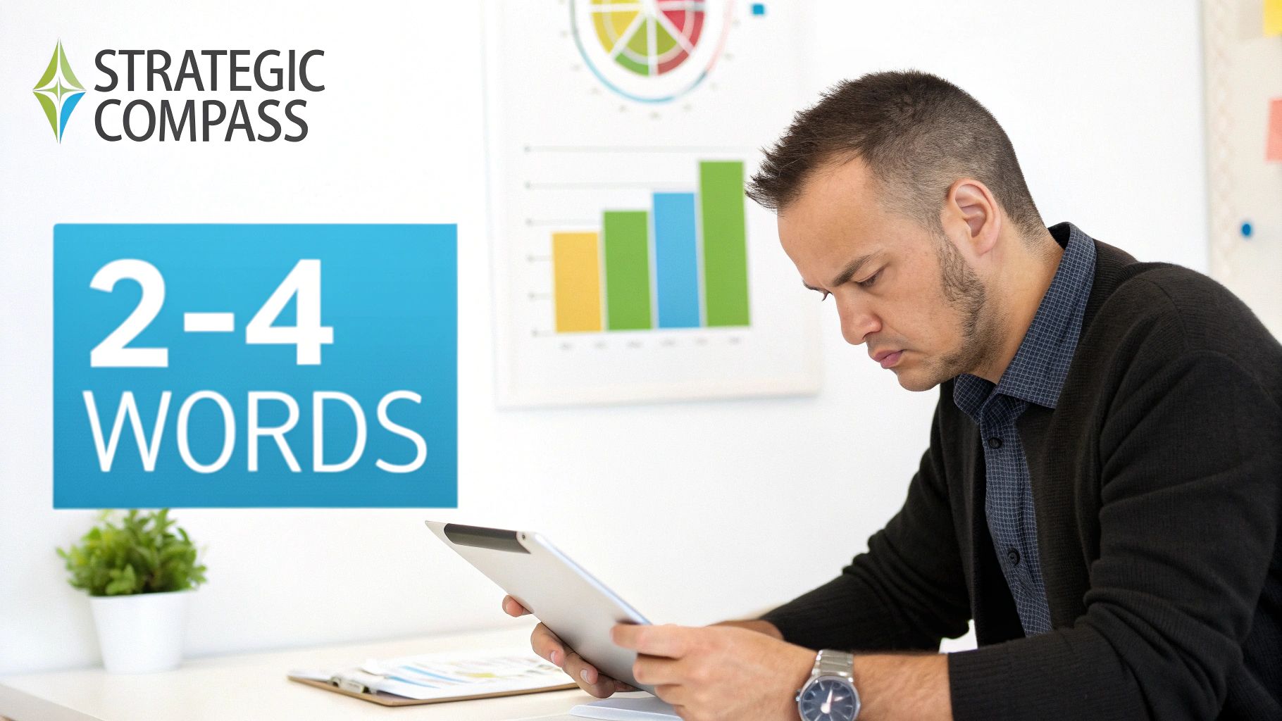 A focused man reviews content on a tablet, surrounded by business charts and the Strategic Compass logo.