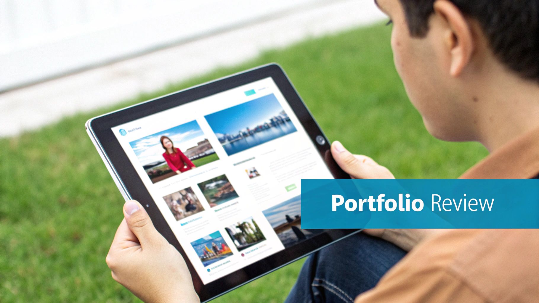 A person outdoors reviews a digital portfolio on a tablet, showcasing various images and designs.