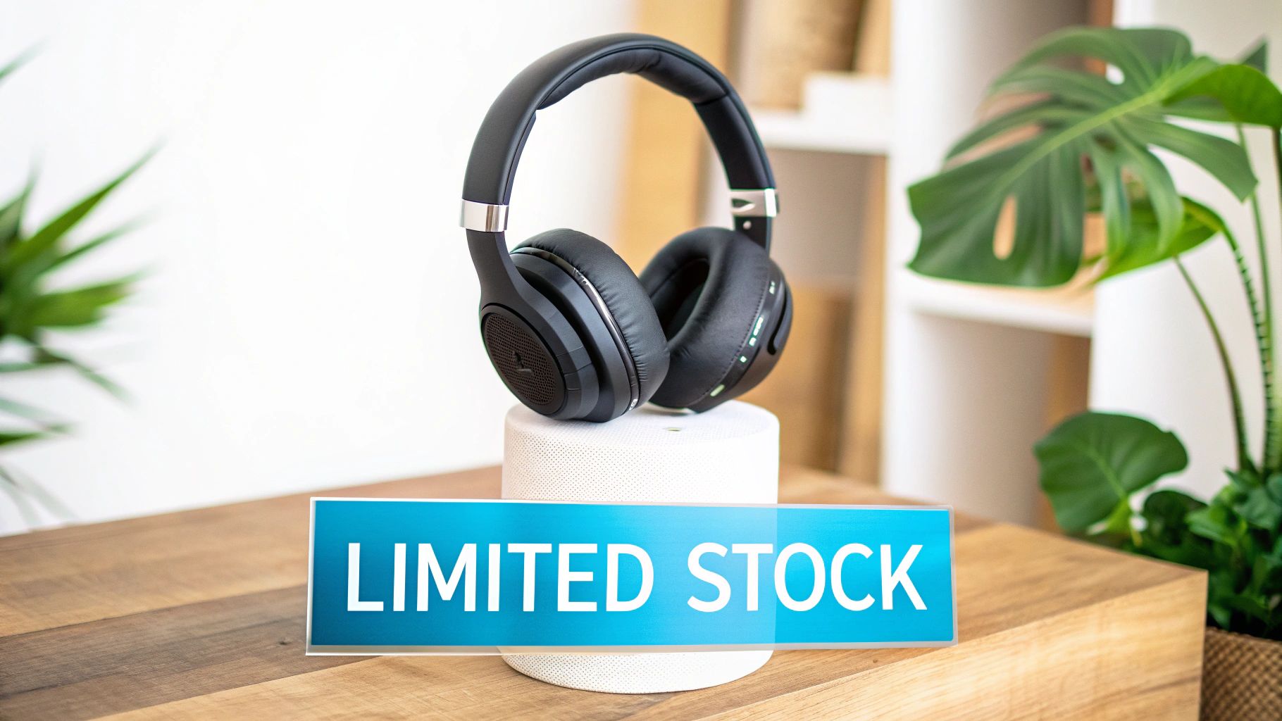 Black over-ear headphones displayed on a white stand with a "LIMITED STOCK" sign in front.