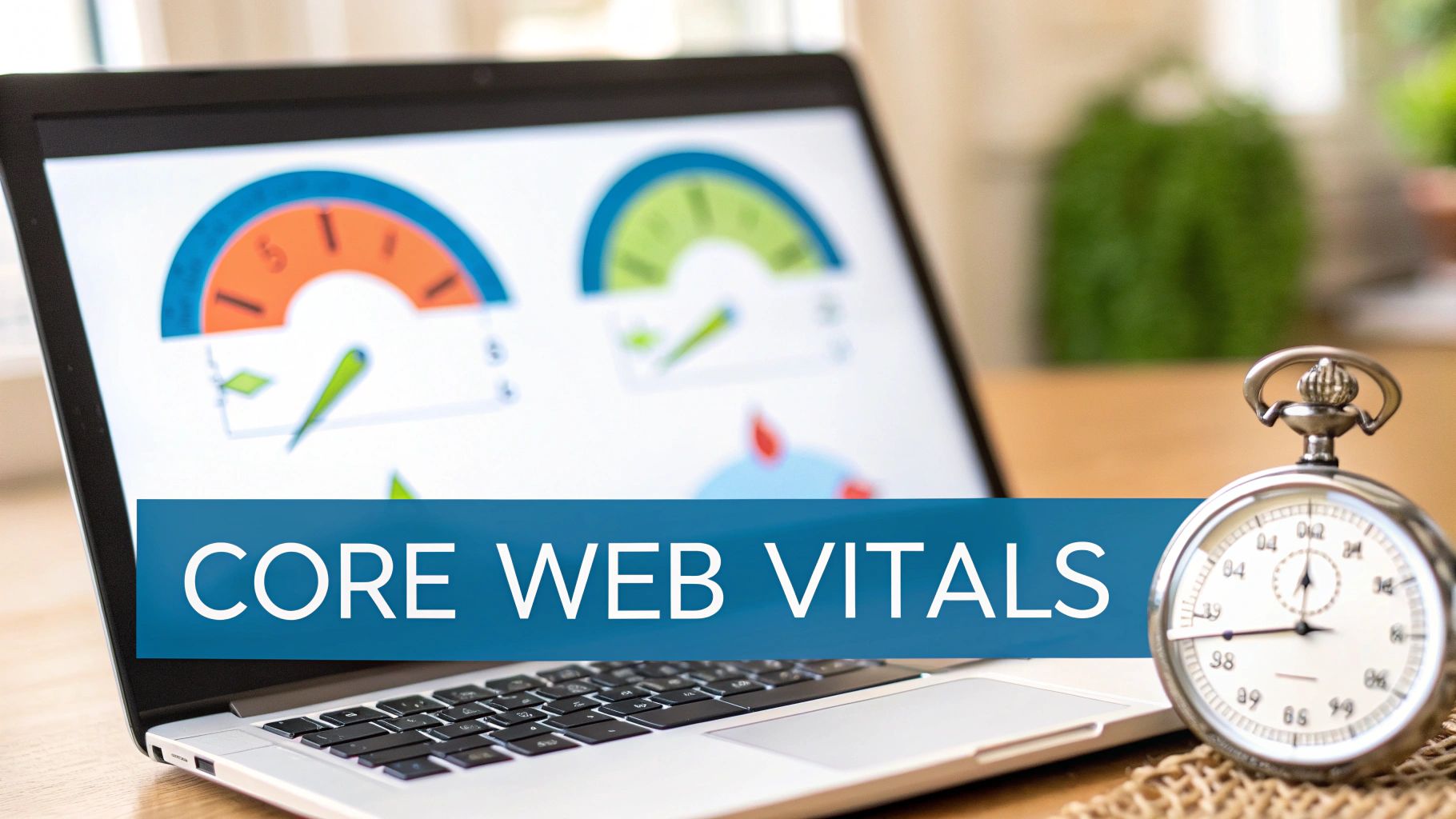 Laptop displaying web performance metrics with a stopwatch and 'Core Web Vitals' banner text.