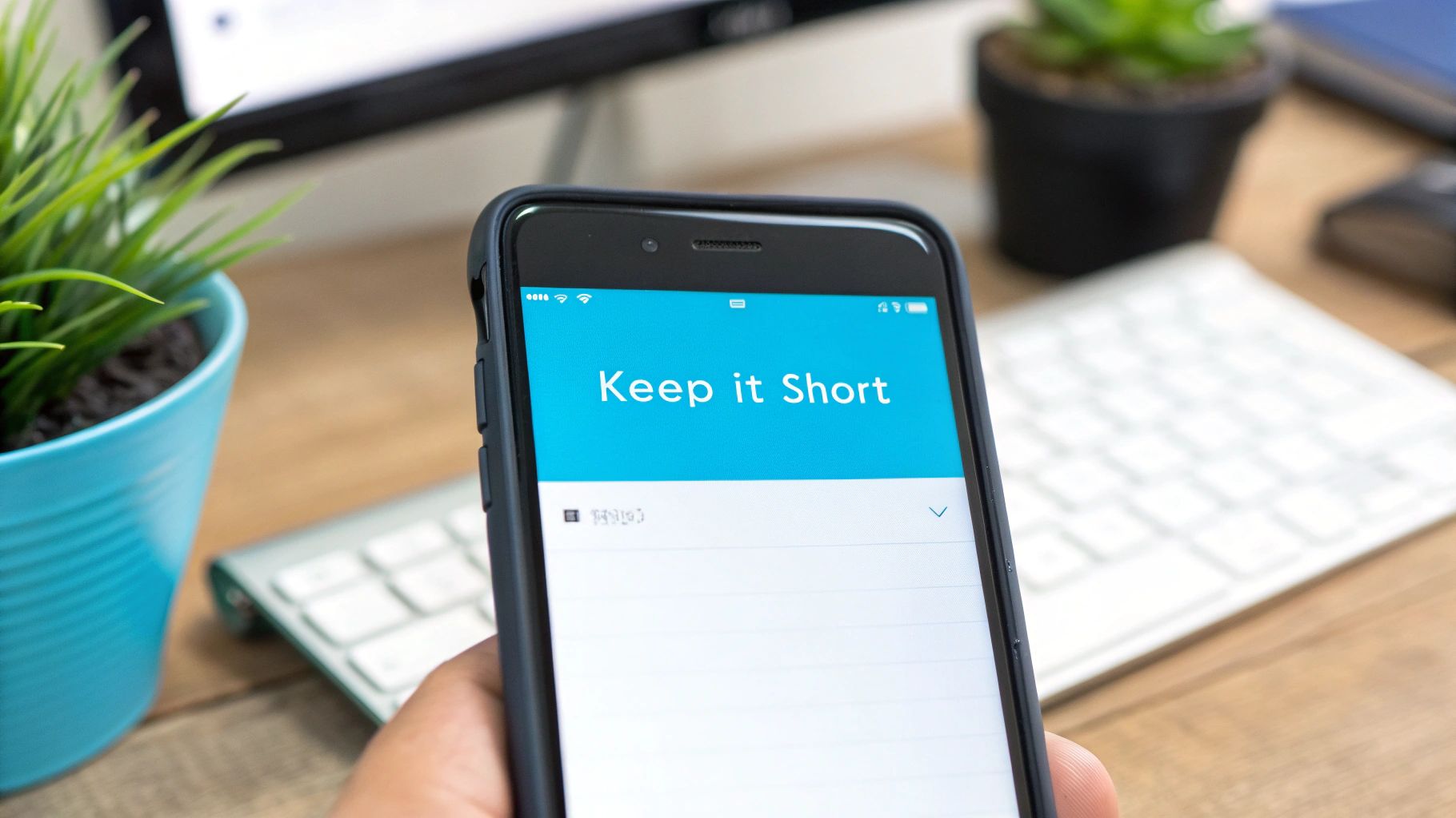 Hand holding a smartphone displaying 'Keep it Short' on a blue screen at a wooden desk.