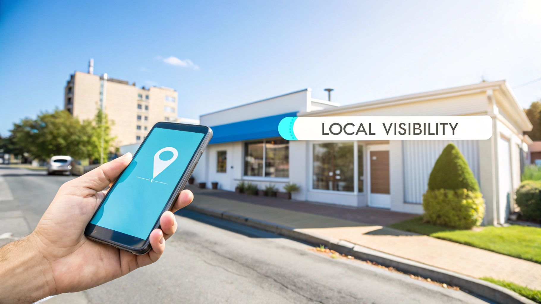 Hand holding a smartphone with a map pin icon, symbolizing local visibility for small businesses.