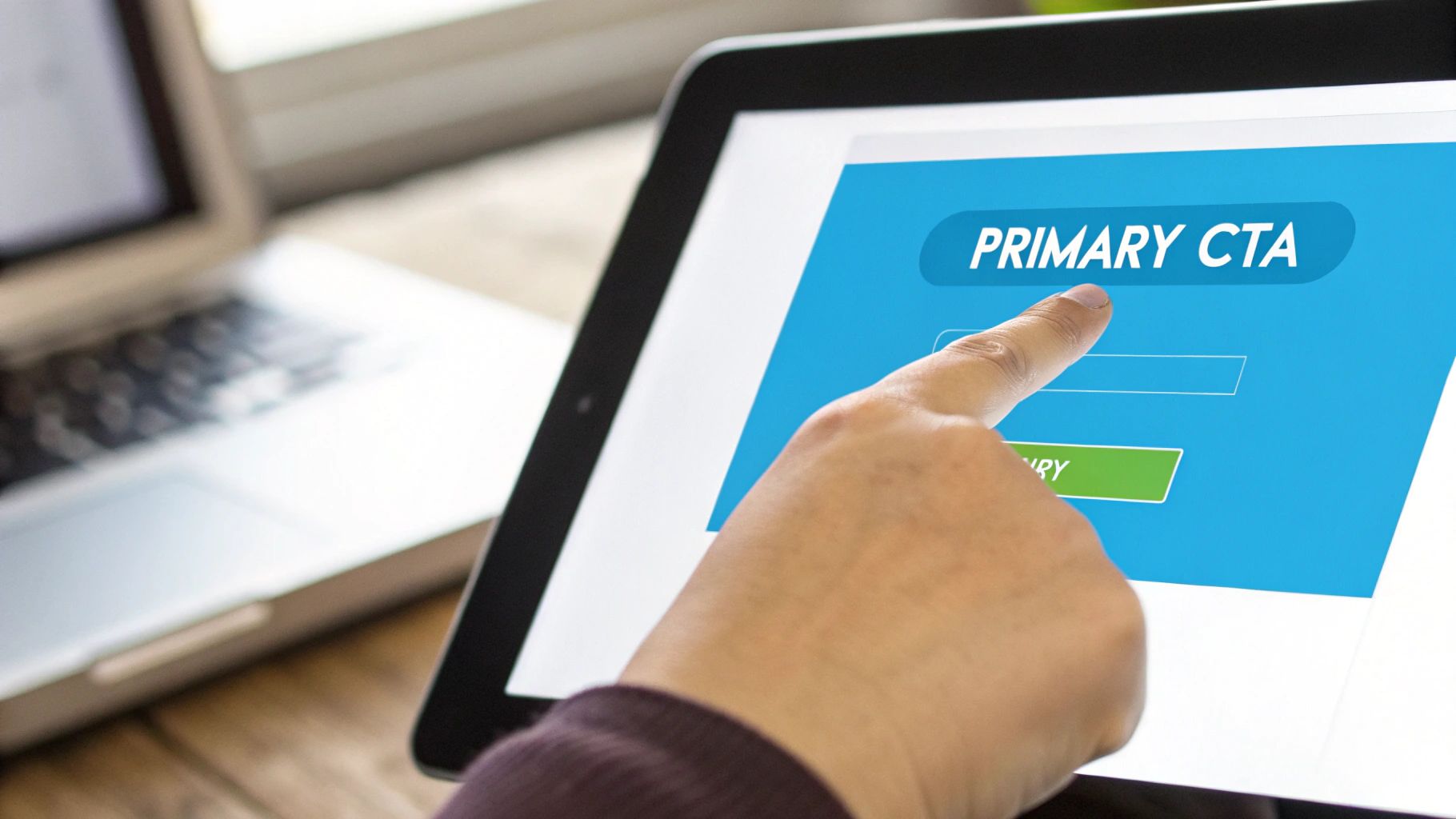 A hand taps a tablet screen displaying a blue webpage with a 'PRIMARY CTA' button.