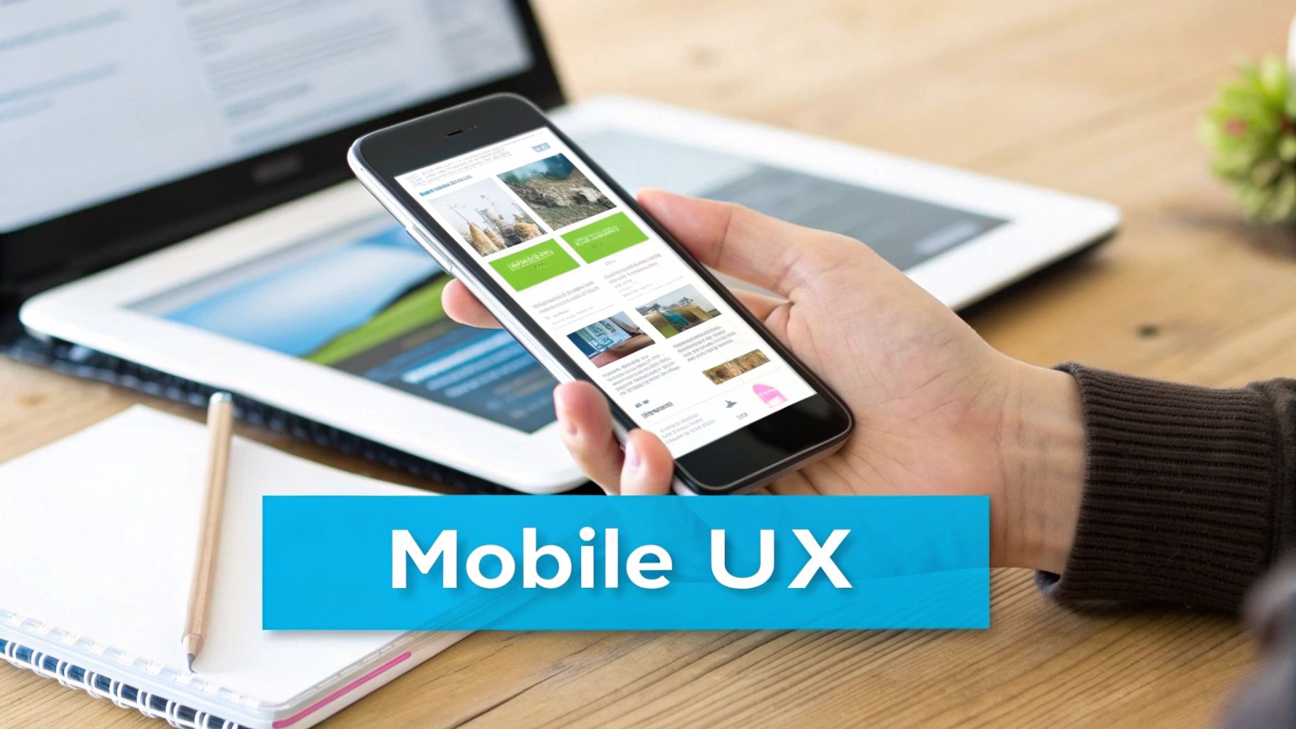 A hand holds a smartphone displaying a mobile interface, highlighting Mobile UX design principles.