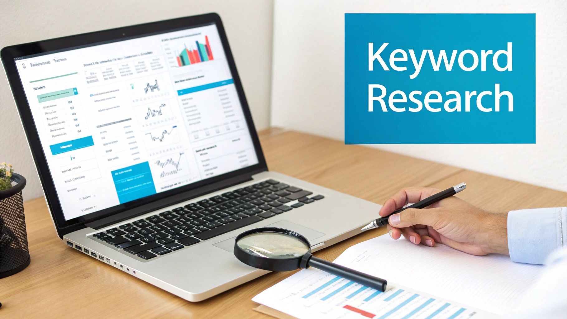 Close-up of a person doing keyword research on a laptop, analyzing data with a magnifying glass and pen.