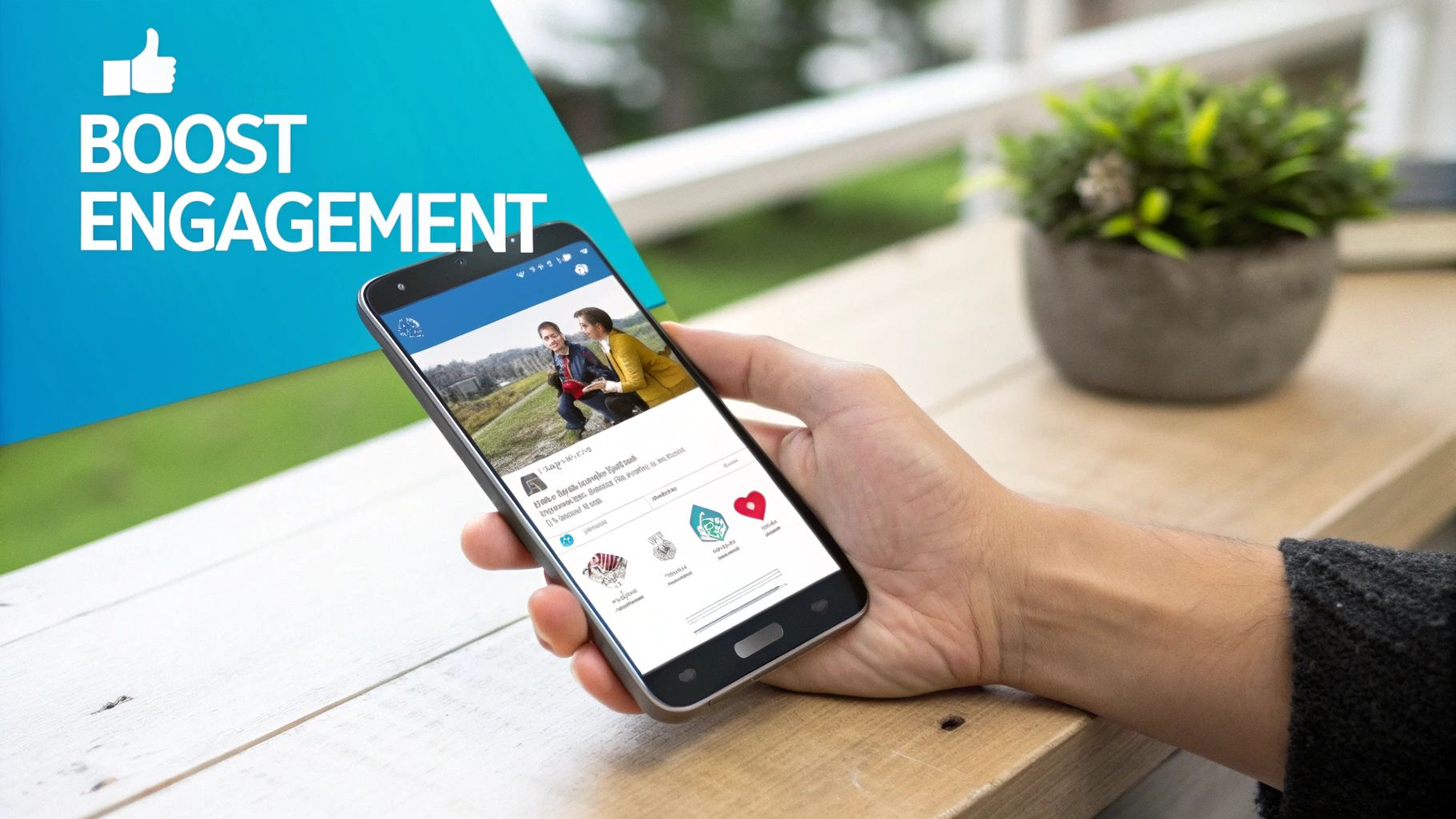 A hand holds a smartphone displaying a social media app, enhancing engagement with a thumbs-up icon.