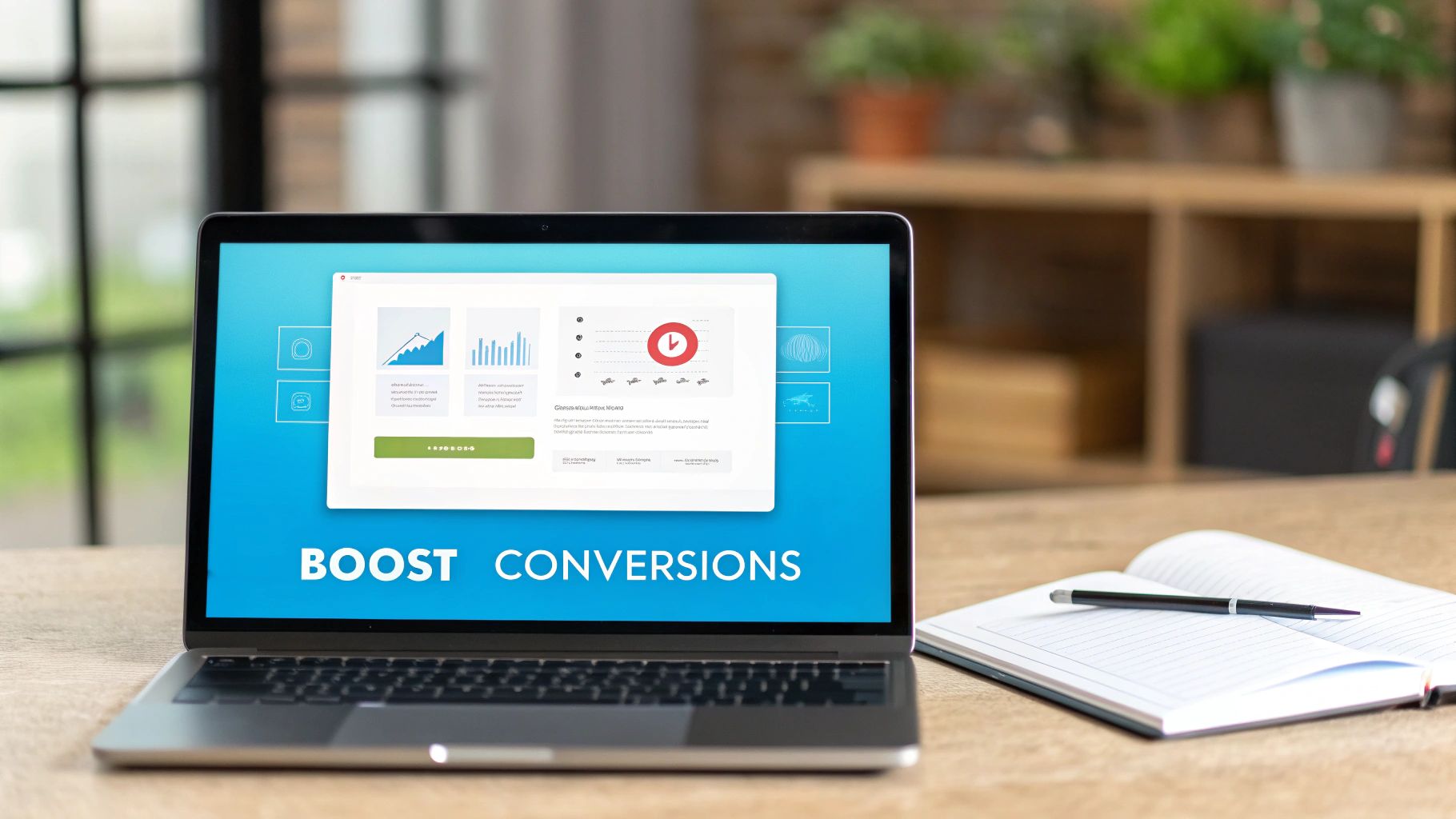 Laptop displaying 'Boost Conversions' on screen with analytics charts and a notebook on a wooden desk.