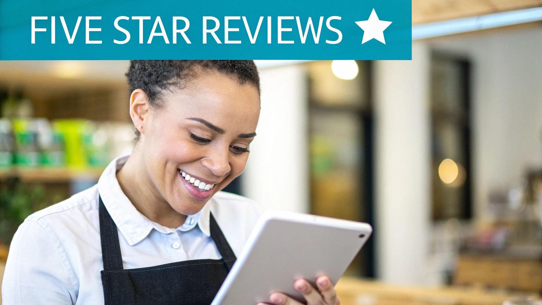 A smiling woman in an apron looks at a tablet under a "FIVE STAR REVIEWS" banner.