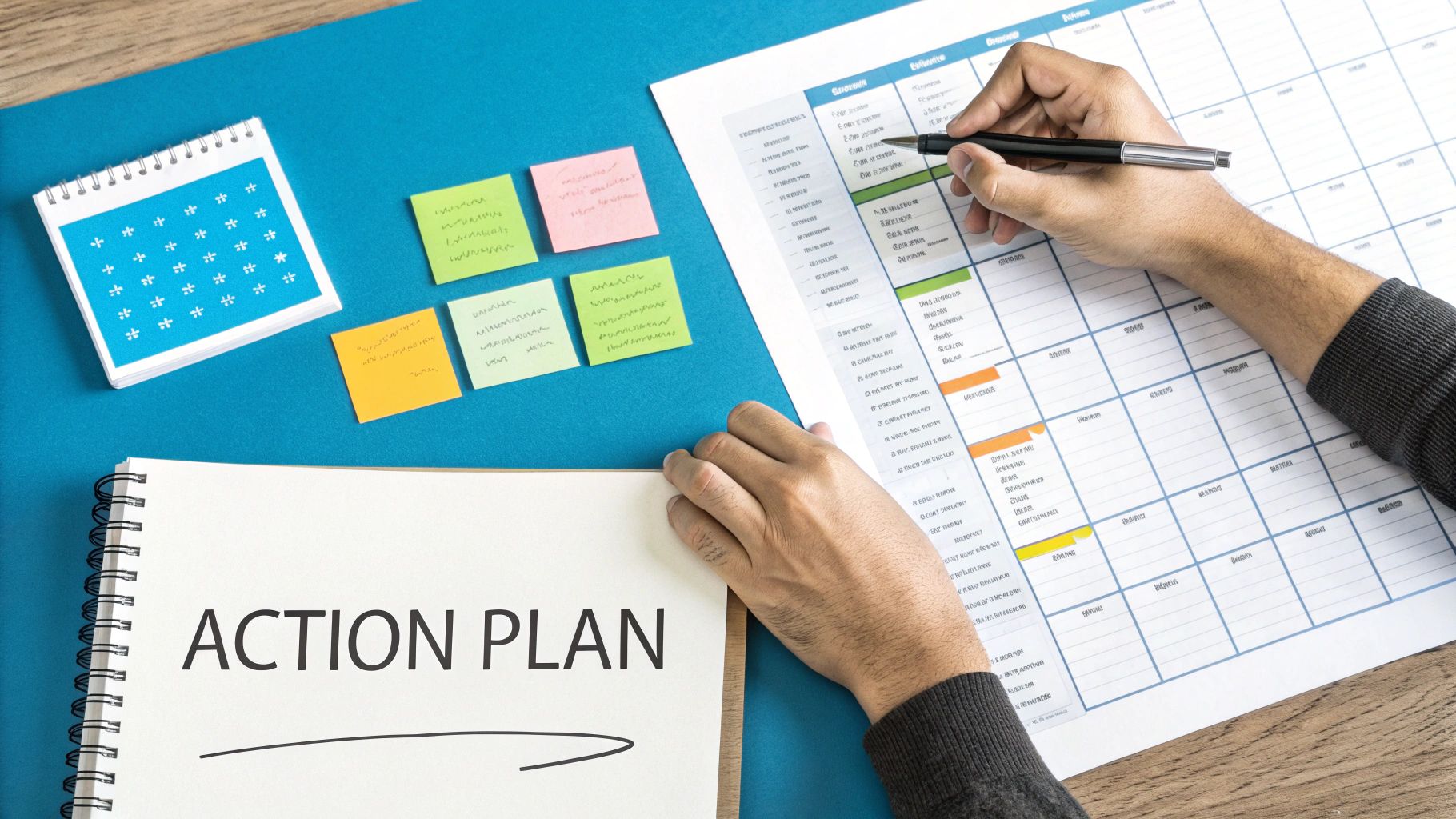Overhead view of a person writing in a planner, alongside an action plan notebook and sticky notes.