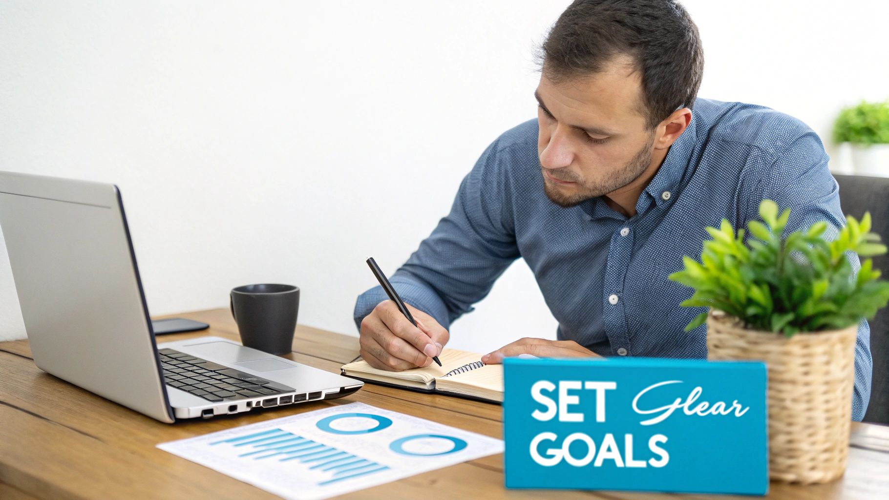 A focused man writes in a notebook at a desk with a laptop and a 'SET Clear GOALS' sign.