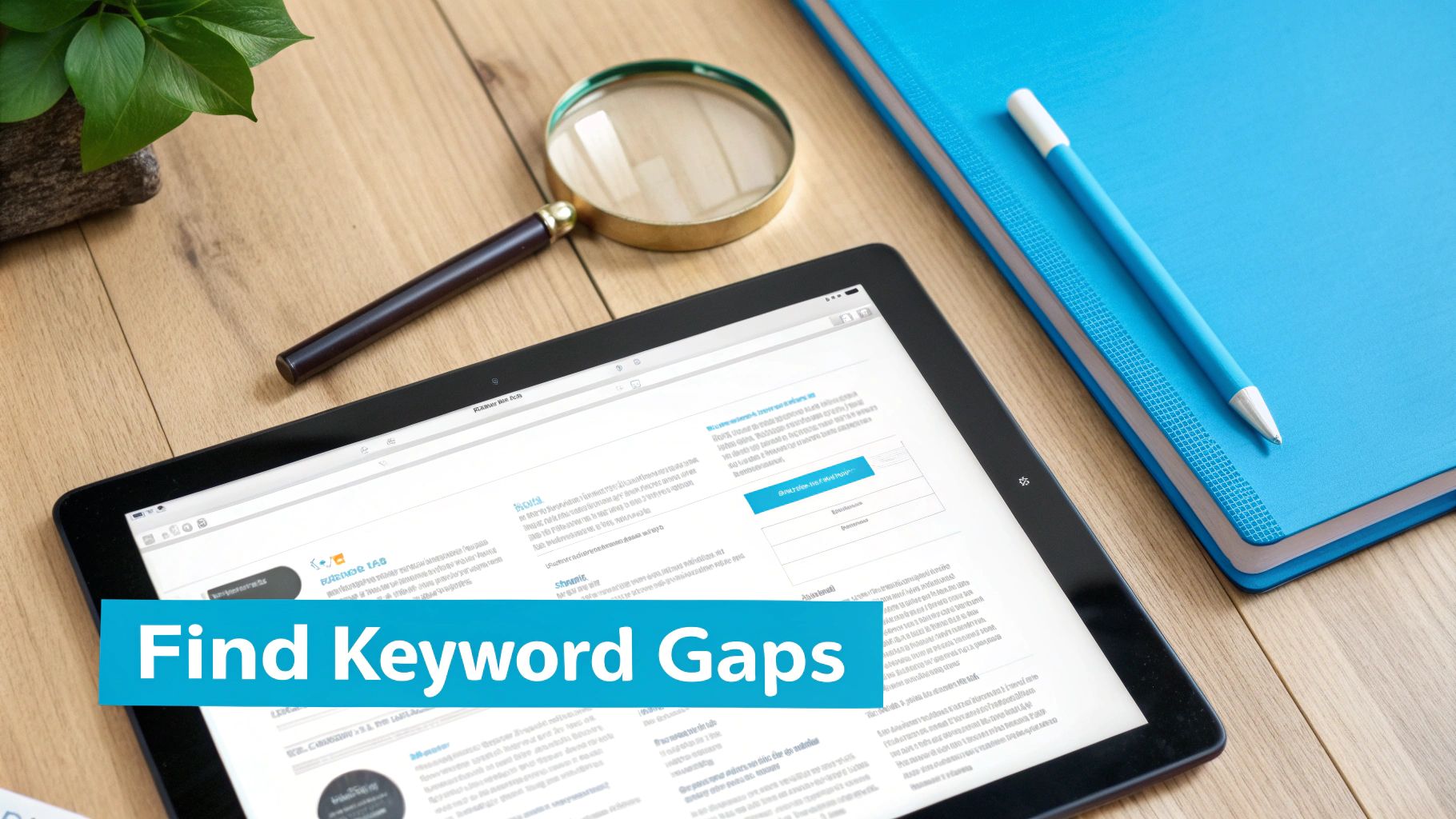A detective-style magnifying glass hovering over a computer screen showing keyword data and charts.