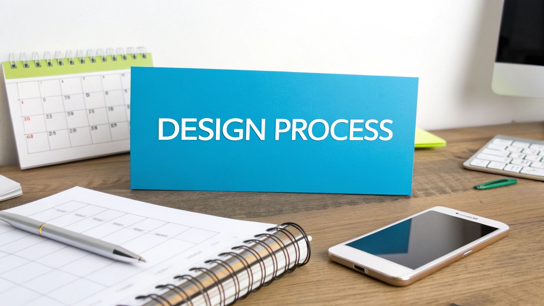 A desk with a blue 'DESIGN PROCESS' sign, calendar, notebook, pen, smartphone, and keyboard.