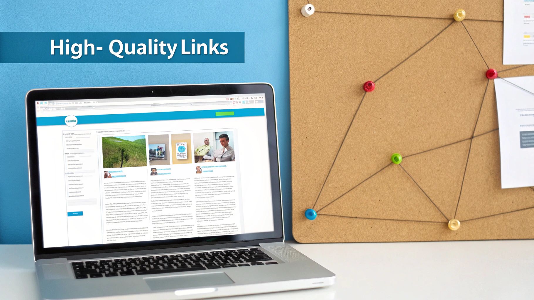 A laptop displaying a website with articles, next to a cork board showing interconnected pins representing high-quality links.