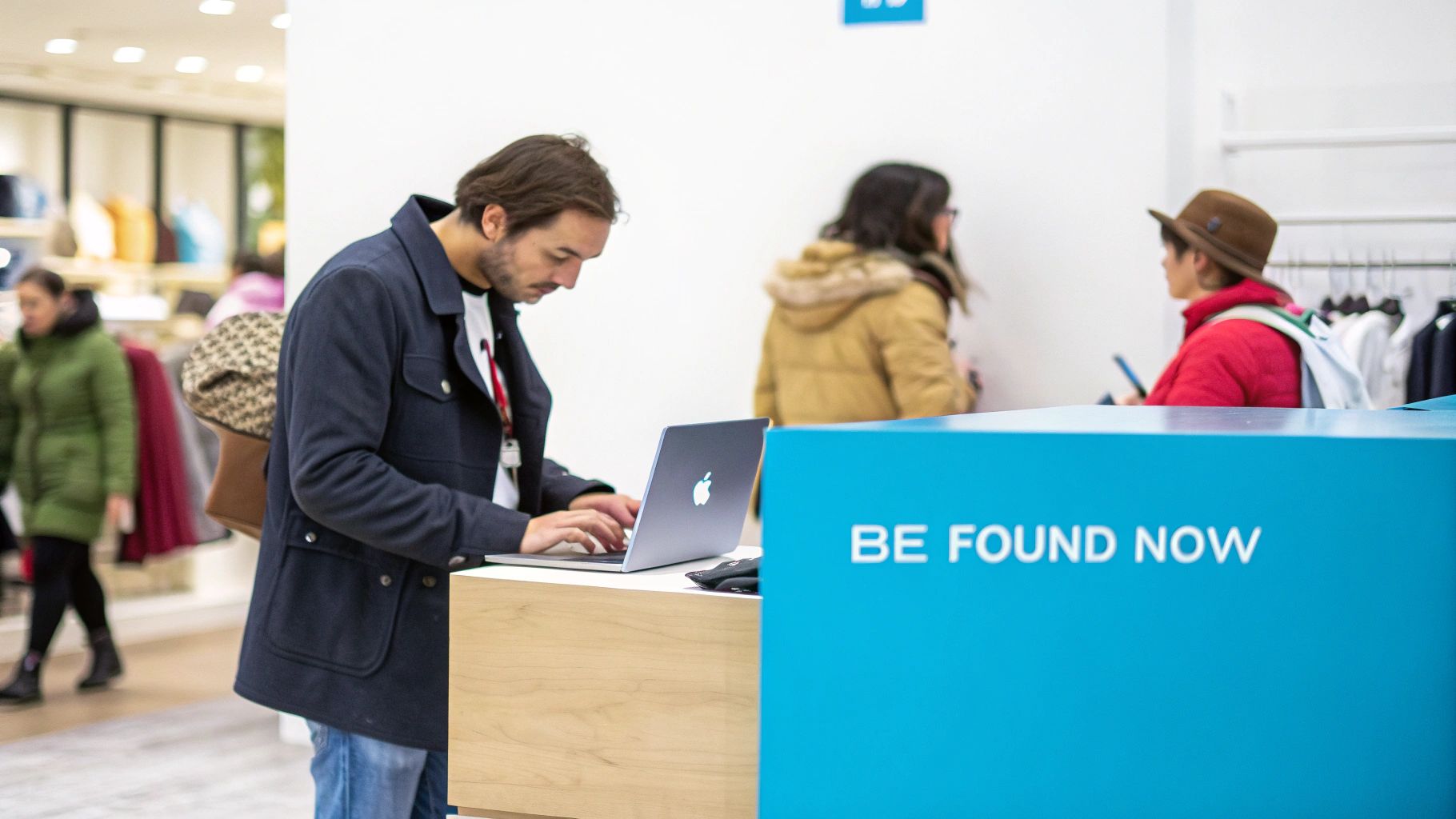 Man using a MacBook at an information desk with a bright blue 'BE FOUND NOW' sign.