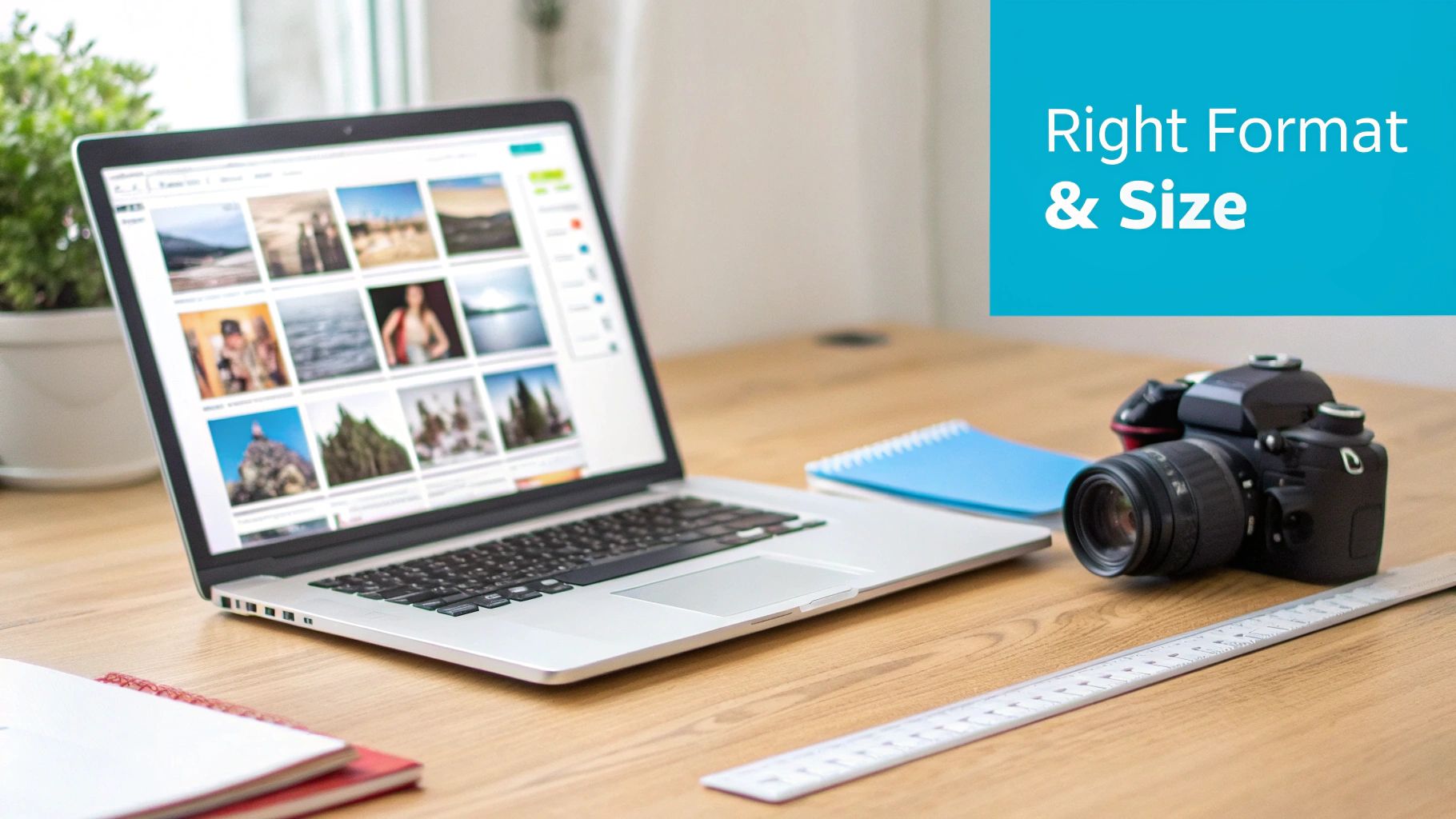 A laptop displays image thumbnails on a wooden desk with a camera, notepad, and ruler.