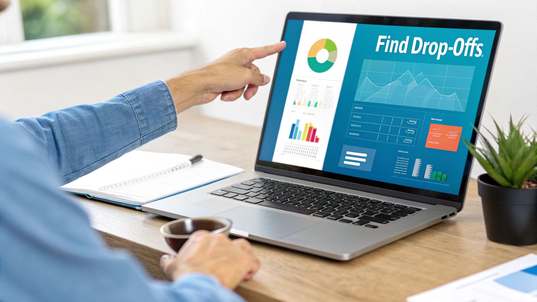 A person points at a laptop screen displaying website conversion data charts and "Find Drop-Offs."