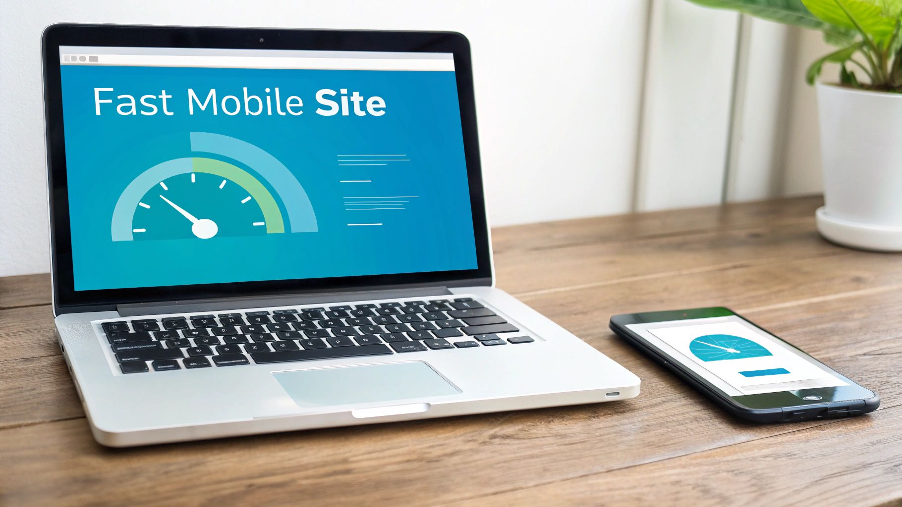 A laptop and smartphone displaying fast mobile website performance metrics on a wooden desk.