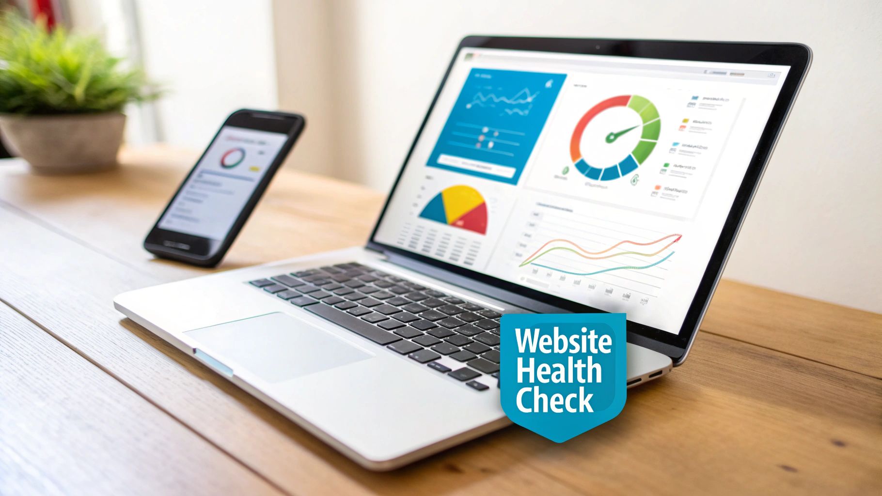 Laptop and smartphone displaying website health check data and analytics on a wooden desk.