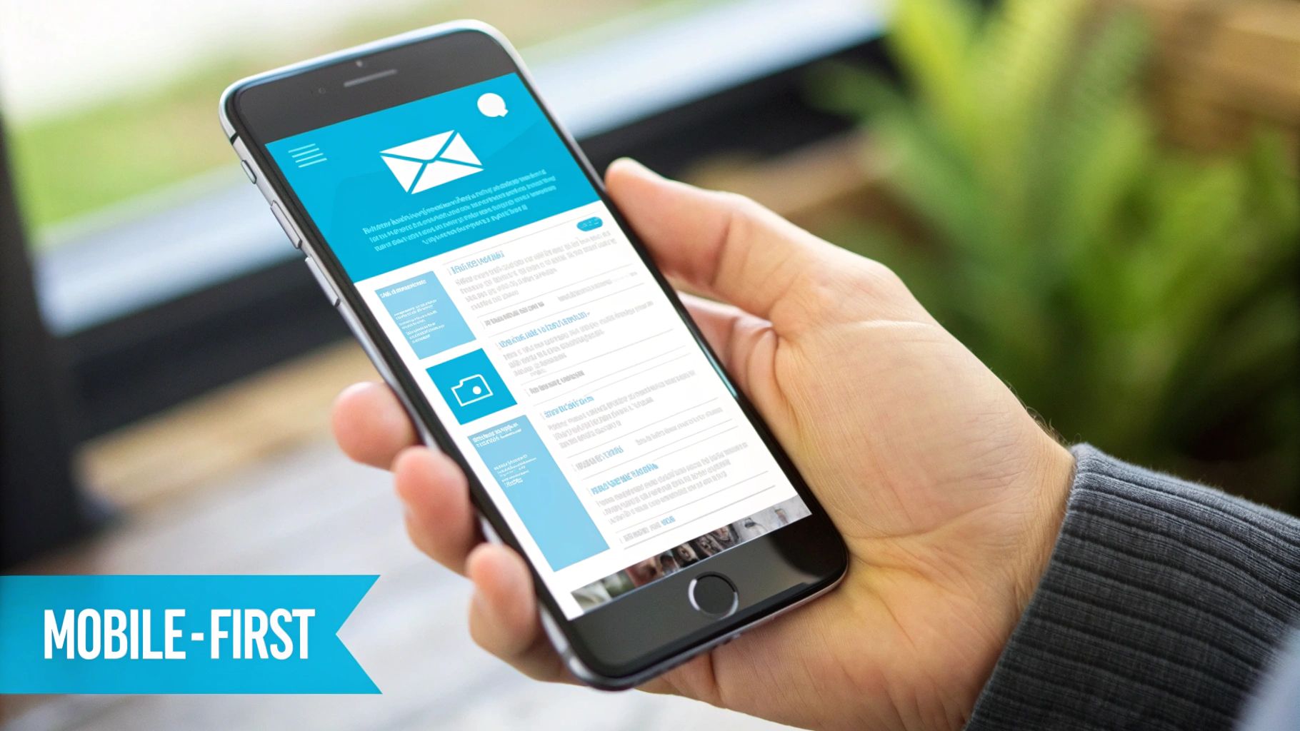 A hand holds a smartphone displaying a mobile-first email marketing campaign with an envelope icon.