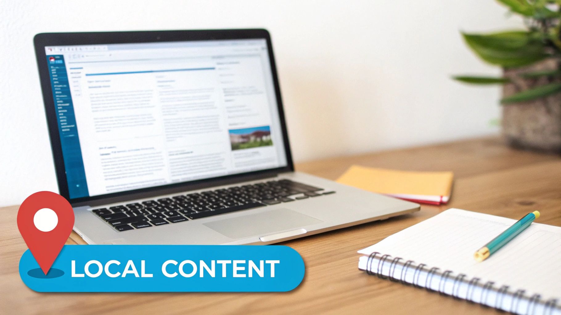 A laptop on a wooden desk displaying web content with a 'Local Content' overlay, next to a notebook and pen.