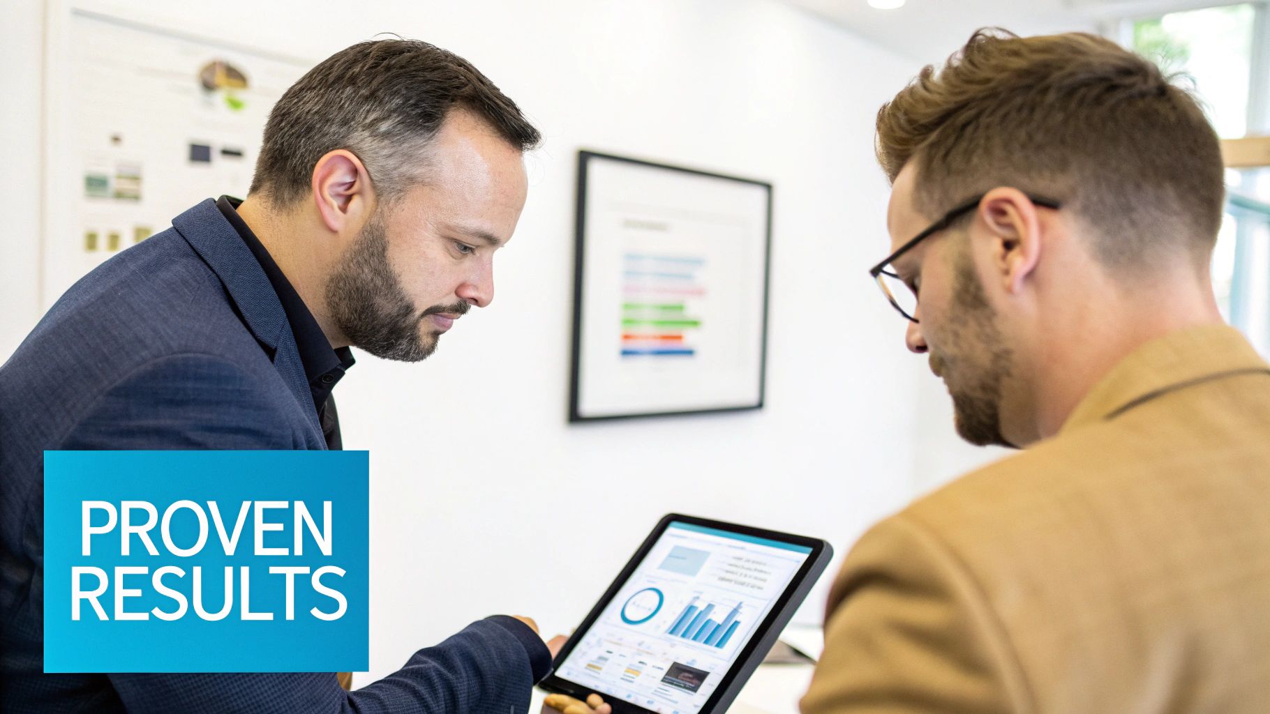 Two business professionals review marketing data and proven results on a digital tablet.
