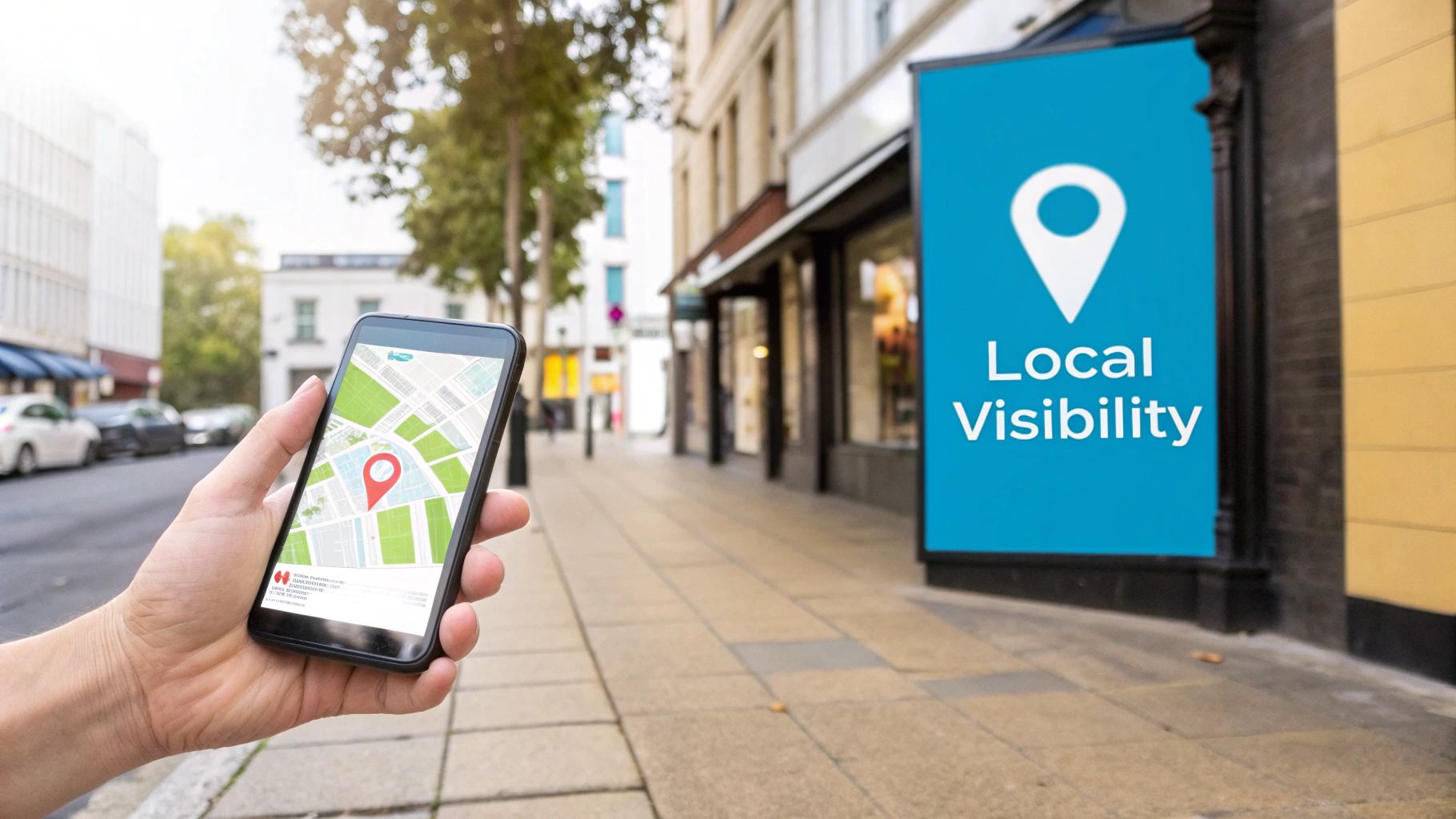 Hand holding a smartphone with a map app and a red pin, next to a 'Local Visibility' sign.