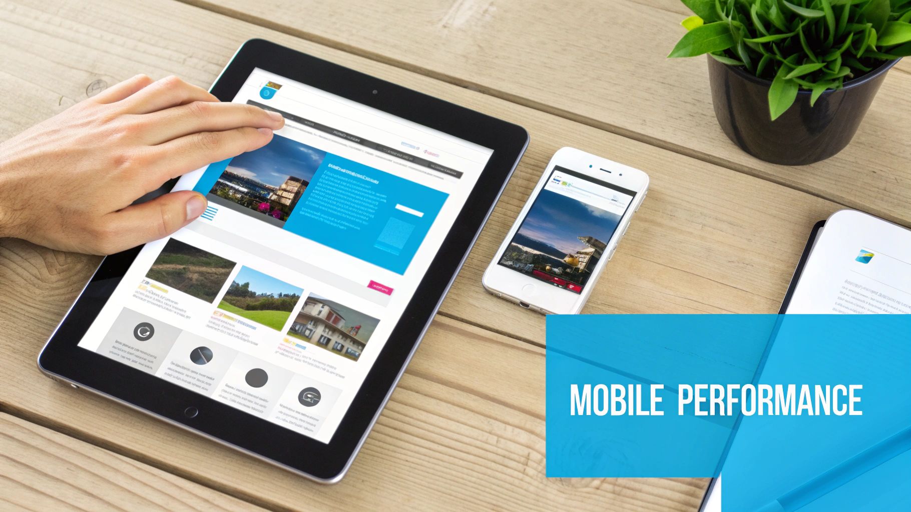 A hand interacts with a tablet showing a responsive website, alongside a smartphone, emphasizing mobile performance.