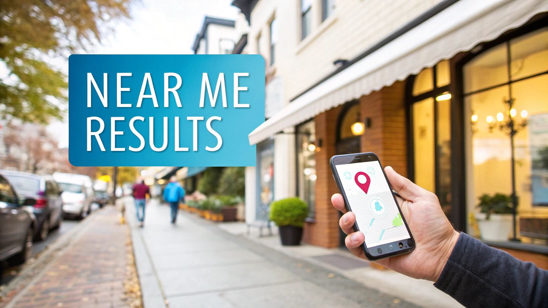 A hand holds a smartphone displaying map results with a location pin, representing 'Near Me Results' on a city street.
