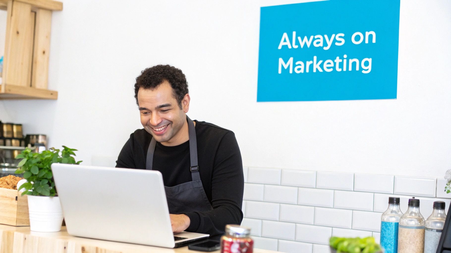 Small business owner smiling while working on laptop computer in modern kitchen workspace