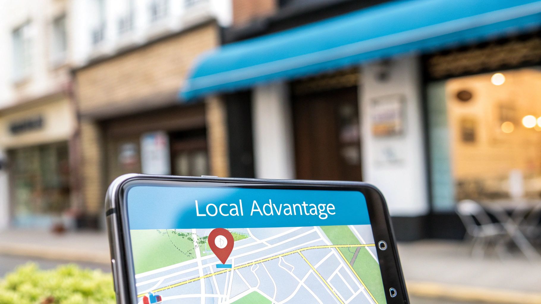 A smartphone showing a map app with a red location pin and 'Local Advantage' text, blurring a street.