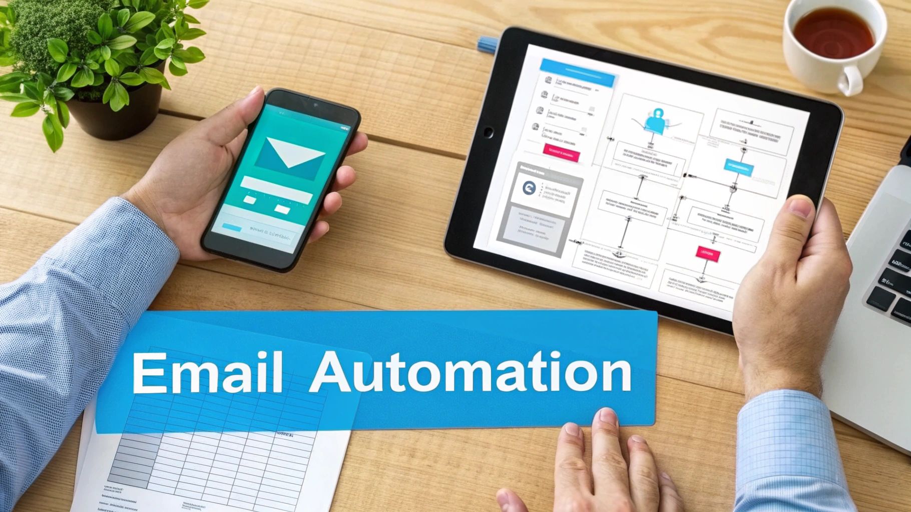 Overhead view of hands on a desk with a smartphone, tablet displaying a workflow, and a banner reading 'Email Automation'.